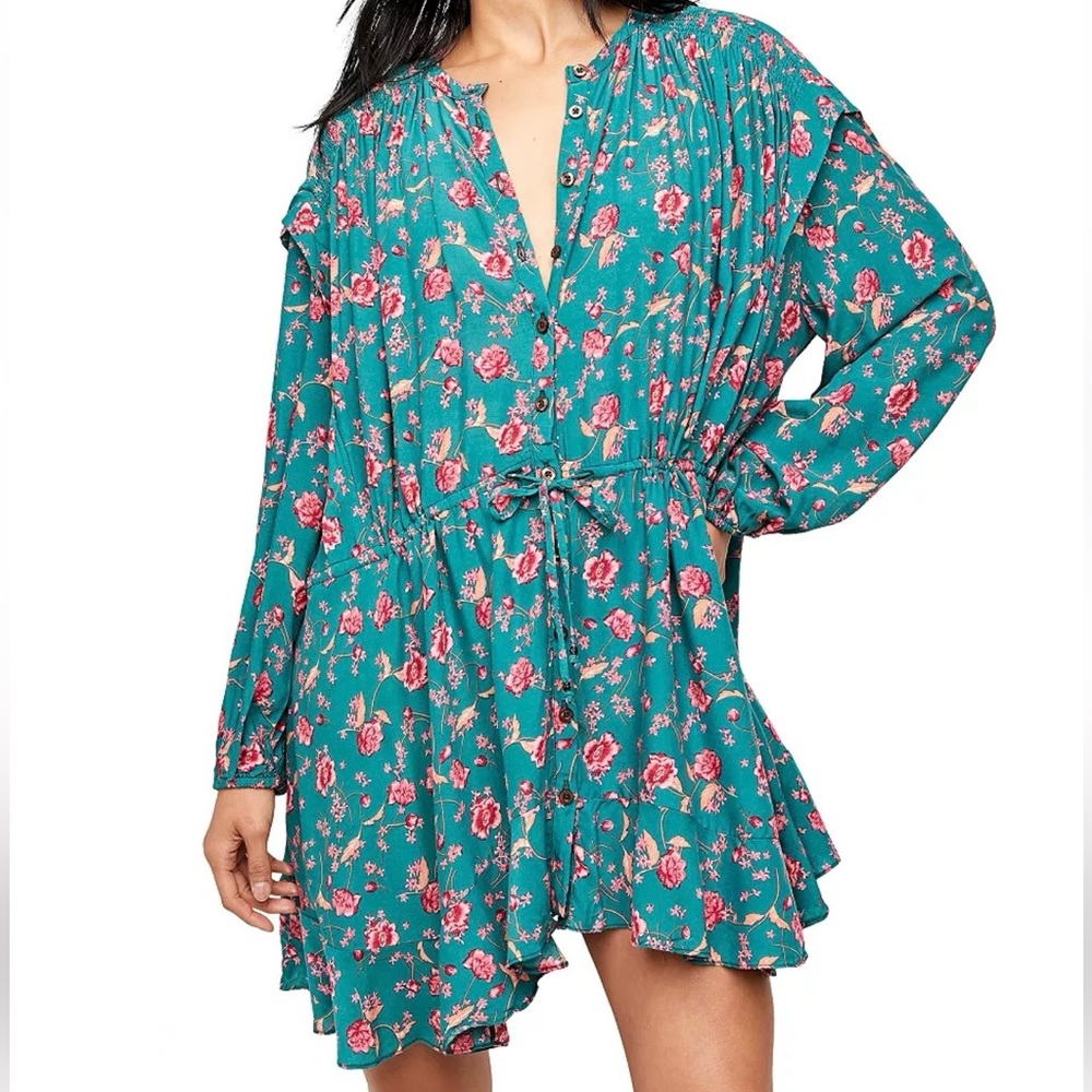 Free People Flower Fields Teal Dress with‎ Pink Floral Design Sz Small